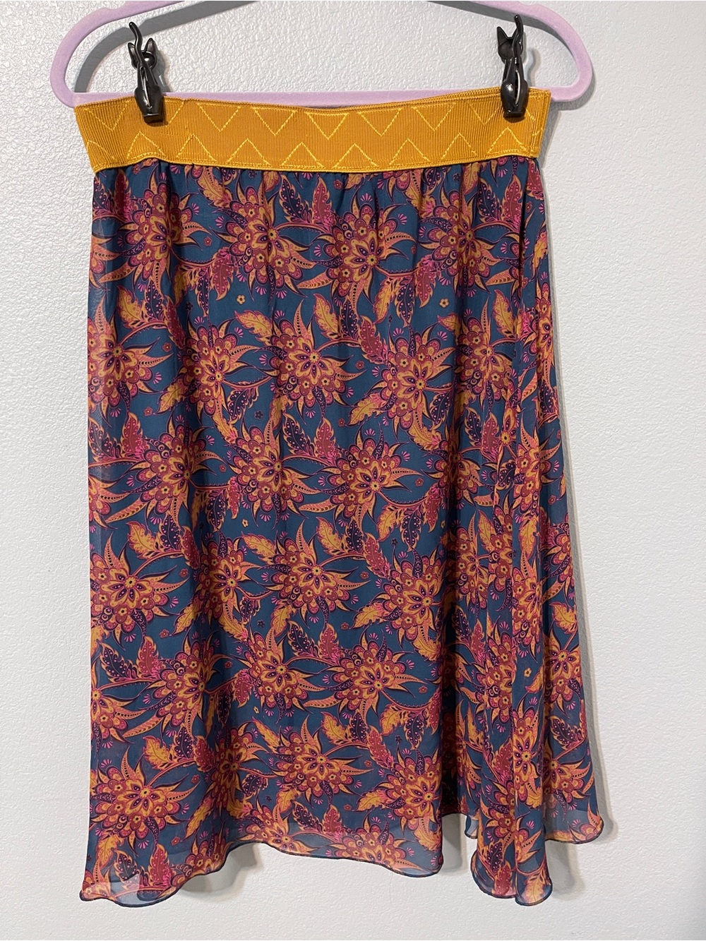 LuLaRoe Lola Skirt Floral Paisley Chiffon Midi Boho Mustard Teal Pink Medium